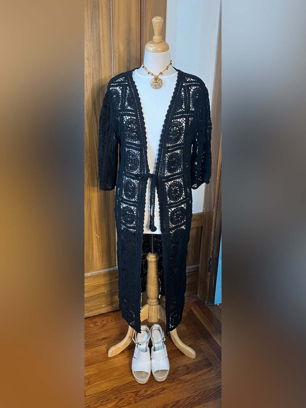 Black Crochet Open-Front Women's Sweater Cardigan
